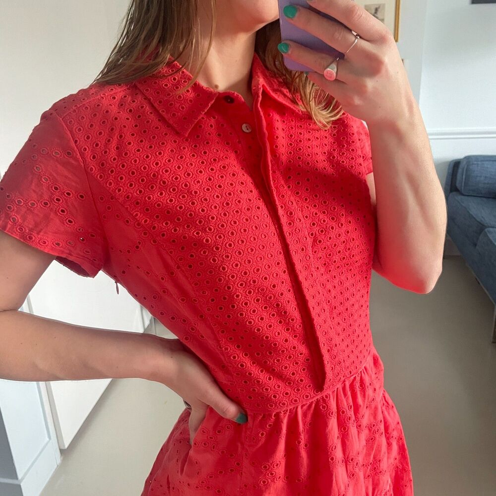 Diane von Furstenberg Collared Button up Eyelet Dress Coral Size 10 - Picture 6 of 9